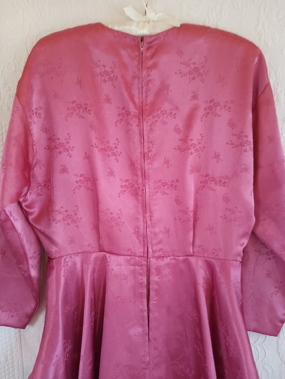 Vintage Pink Peplum Long-Sleeve Midi Dress Satin Floral 80s Barbie Girl OOAK 10 - Picture 11 of 16